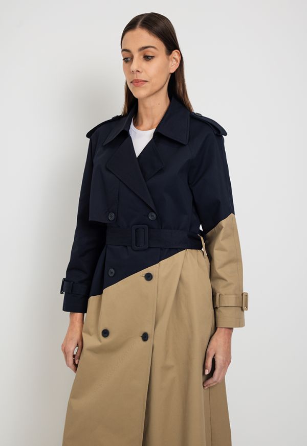 Color Block Double Breasted Trench Coat