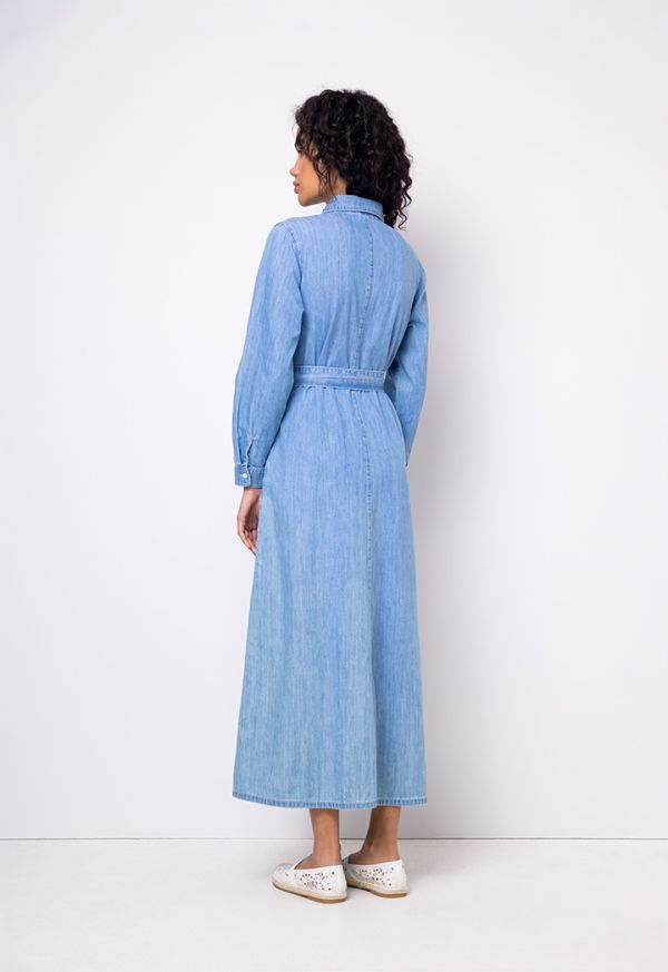 Mushini - Frayed Trim Denim Maxi A-Line Dungaree Dress / Long-Sleeve Plain  Blouse