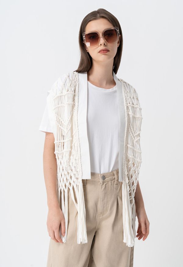 Solid Macrame Fringe Open Vest