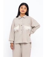 Feather Flap Pockets Schiffli Lace Back Collared Shirt -Sale