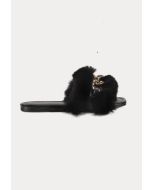 Furry Vamp With Chunky Chain PU Leather Flat Sandals -Sale