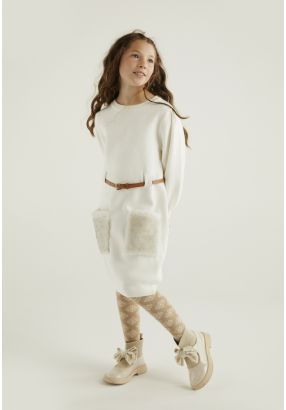 Faux Fur Detailed Belted Dress