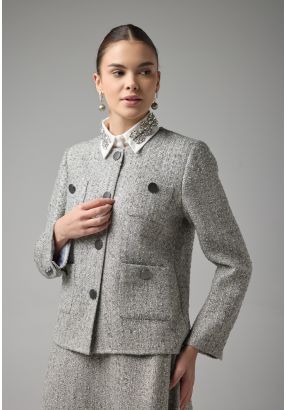 Multi Front Pockets Tweed Lurex Jacket