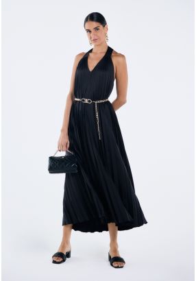 Pleated Halterneck Flared Dress