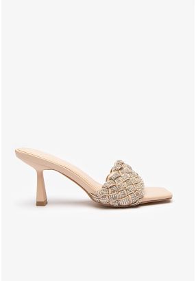 Textured Crystal Embellished Mule Sandals -Sale