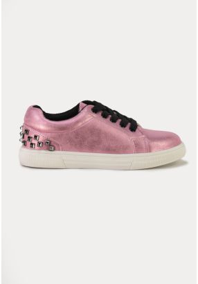 Studded Shiny Lace Up Hi Low Top Sneakers -Sale