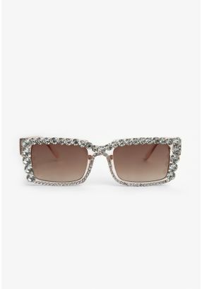Crystal Embellished Rectangular Frame Sunglasses