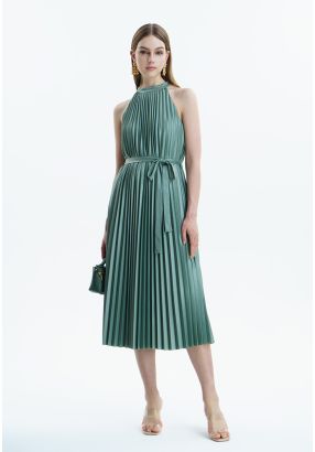 Shiny Over Pleated Halter Neck Dress -Sale