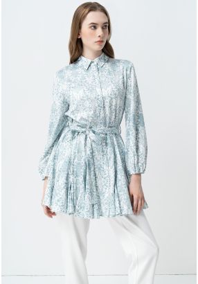 Printed Long Sleeve Belted Shirt Dress