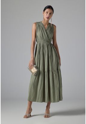 Solid Pleated Sleeveless Dress 