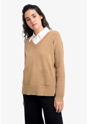 Patch Pocket Knitted Solid Blouse 