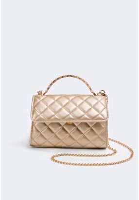 Faux Pearls Handle Quilted Handbag