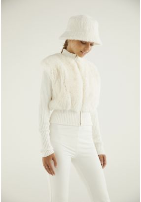 Faux Fur Embellished Knitted Jacket