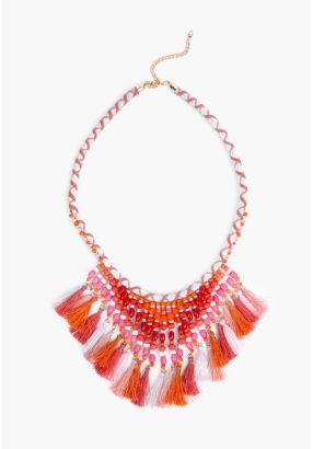 Coral Thread Tassels Necklace