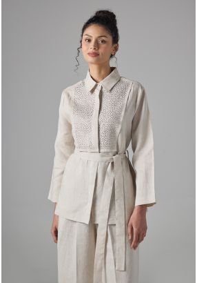 Solid Crystal Embellished Linen Shirt