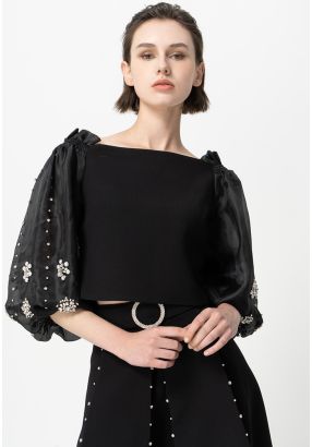 Crystal Embellished Off Shoulder Crop Party Blouse 