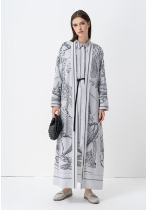 Printed Long Sleeves Belted Maxi Abaya