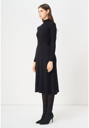 Knitted Ribbed Belted Flared Dress