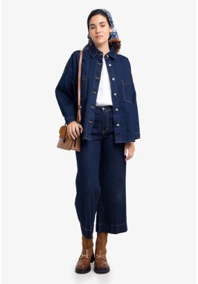 Contrast Stitched Denim Wide Leg Trouser -Sale