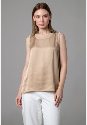 Shiny Satin Basic Top With Ribbed Neckline