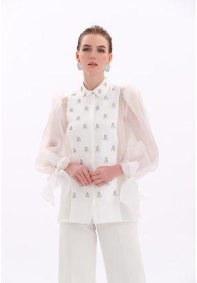 Organza Detailed Crystal Embellished Blouse -Sale