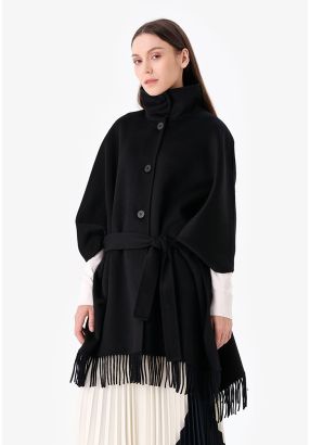 Fringed Hem Solid Cape Coat -Sale