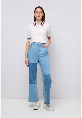 High Waist Wide Leg Contrast Denim Pant