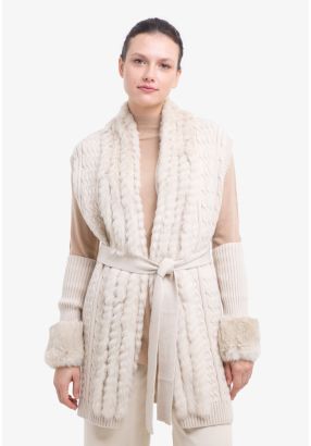 Textured Knitted Fur Details Open Vest With Self Tie Band -Sale