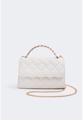 Faux Pearls Handle Quilted Handbag