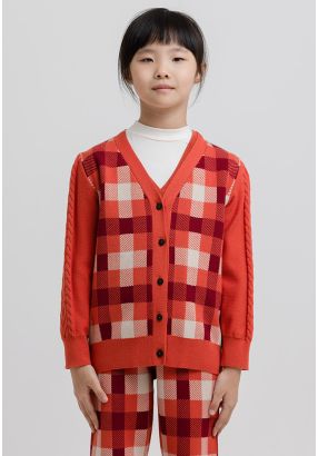 Gingham Pattern Contrats Sleeves Front Buttons Cardigan -Sale