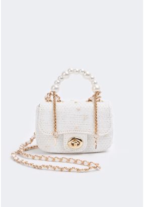 Faux Pearl Handle Tweed Handbag