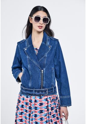 Zip-Up Belted Waist Denim Jacket