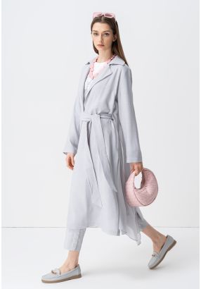 Solid Long Sleeves Belted Maxi Jacket 