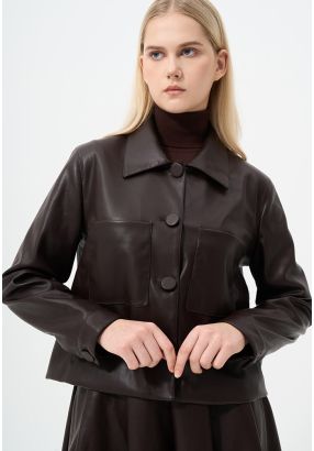 Long Sleeves Cropped Synthetic Leather Jacket