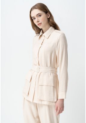 Solid Casual Crinkled Belted Jacket