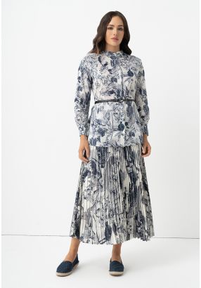 Fish Printed Pleated Flared Skirt