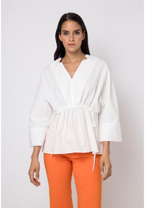 Drawstring V-Neck Solid Blouse