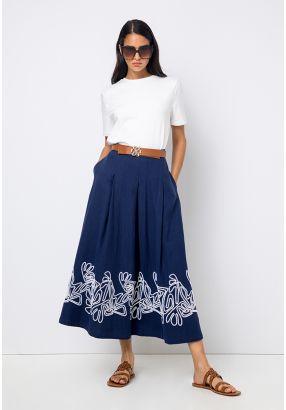 Embroidered Box Pleated Maxi Skirt