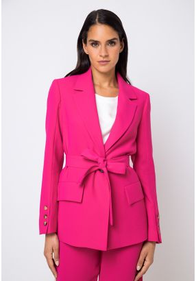 Notched Collar Belted Single Tone Blazer