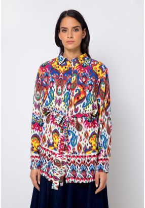 Belted Printed Long Sleeve Shirt