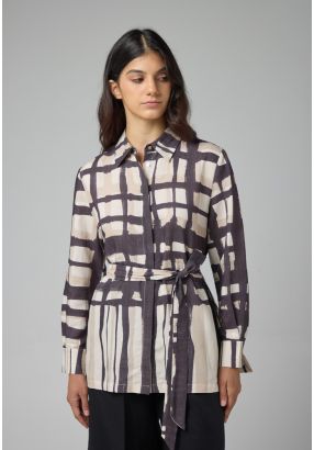 Long Sleeves Printed Belted Shirt