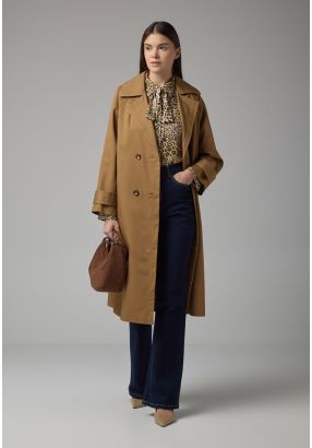 Double Breasted Notched Collar Midi Trench Coat