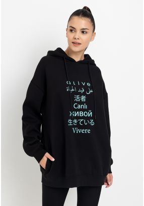 Knitted Rubber Print Drop Shoulder Hoodie