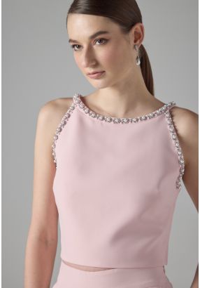 Crystal Faux Pearl Embellished Sleeveless Cropped Top