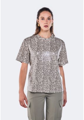 Snake Print Sequin Embellished T- Shirt