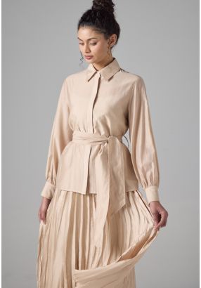 Long Sleeve Basic Belted Shirt