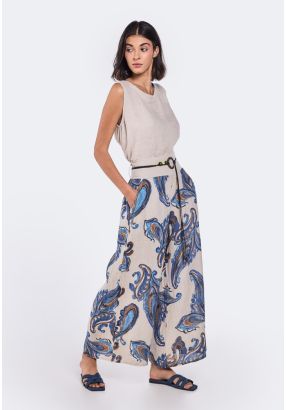 Paisley Print Linen Palazzo Trousers