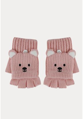 Open Fingers Ribbed Wool Gloves With Animated Design -Sale