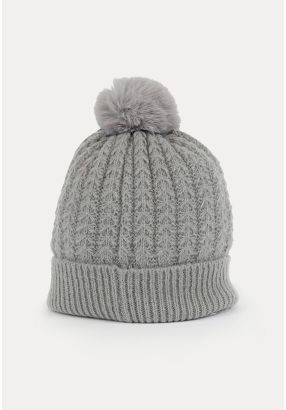 Braided Ribbed Furry Pom Beanie -Sale