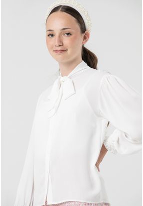 Self-Tie Ribbon Collared Solid Blouse -Sale